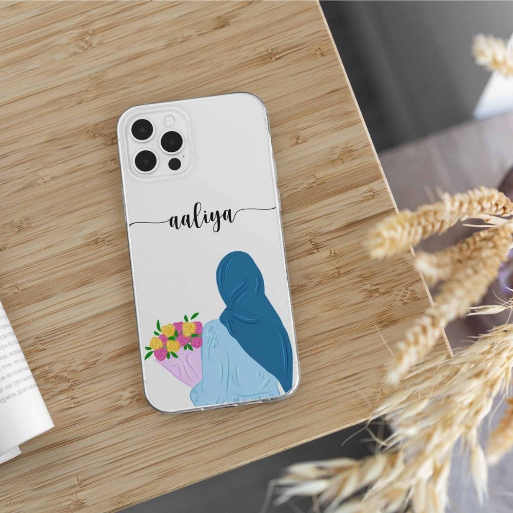 Hijab Girl Holding Flower Custom Name Transparent Silicone Phone Case Design 13