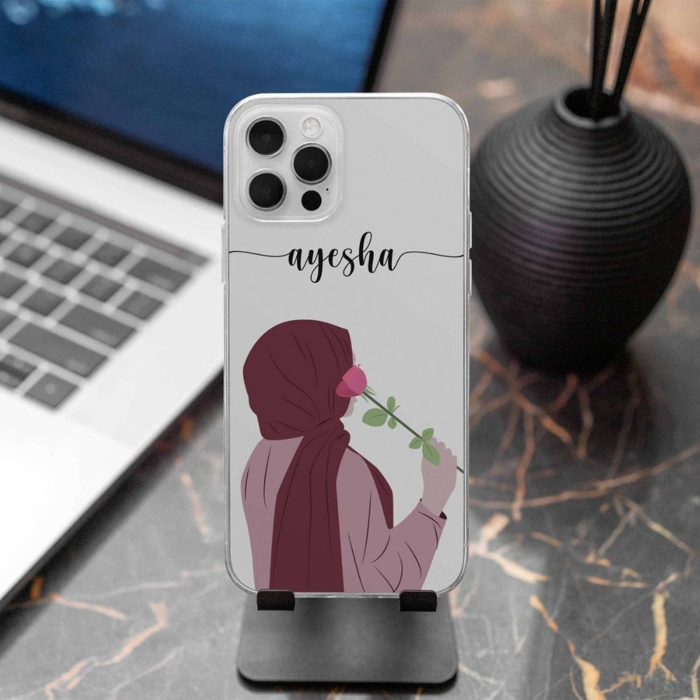 Hijab Girl Holding Flower Custom Name Transparent Silicone Phone Case Design 11