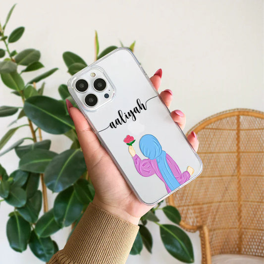 Hijab Girl Holding Flower Custom Name Transparent Silicone Phone Case Design 2