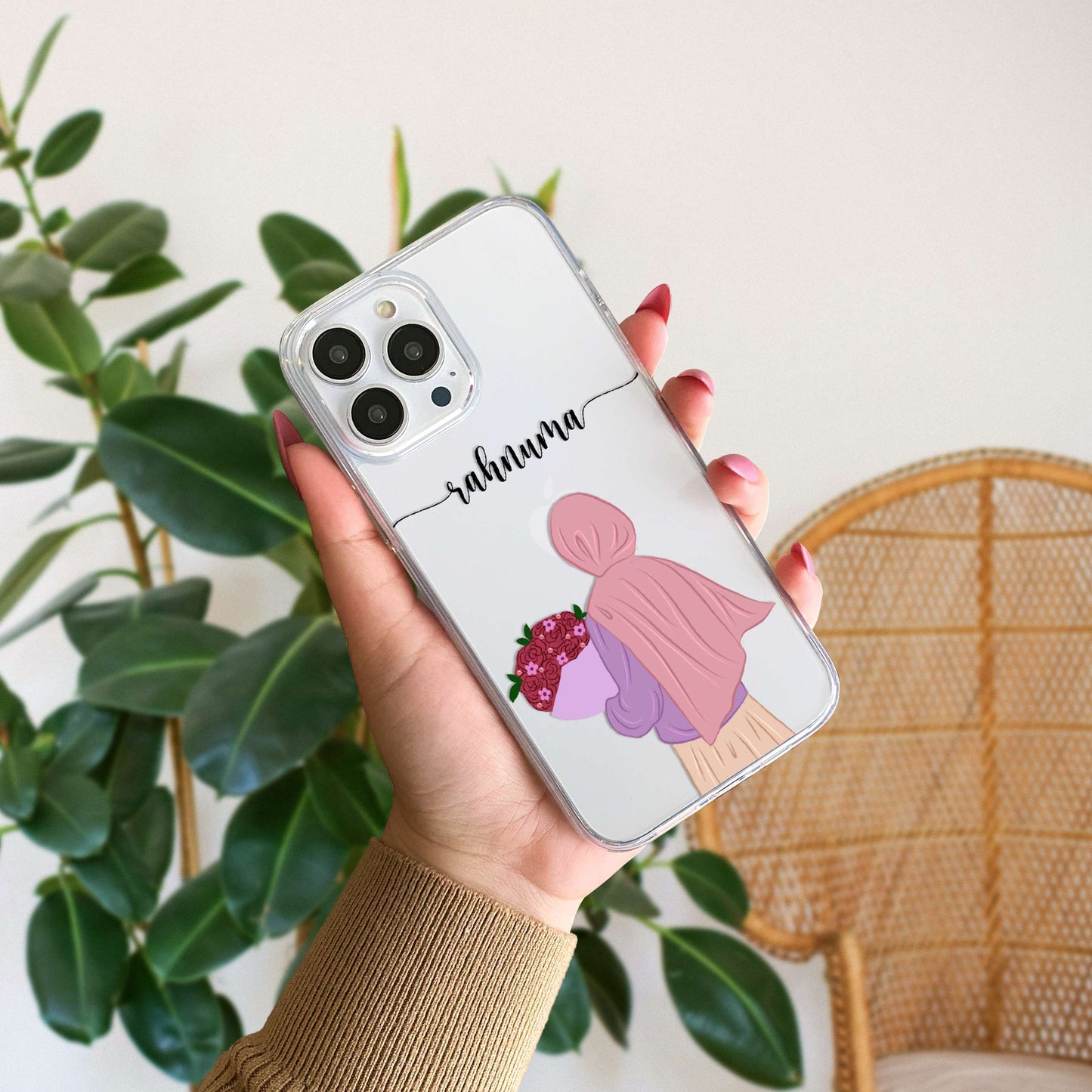 Hijab Girl Holding Flower Custom Name Transparent Silicone Phone Case Design 16